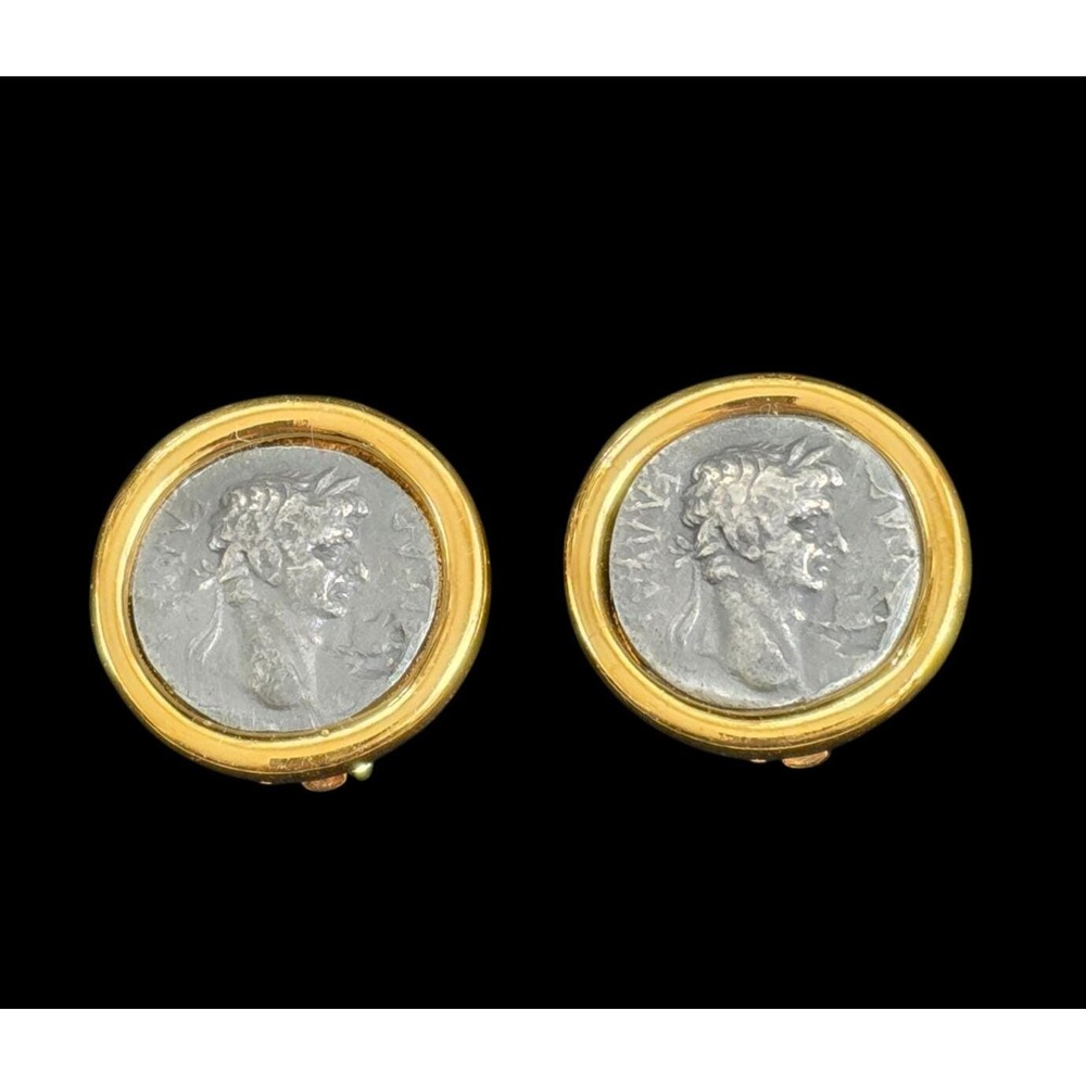 Vintage CAROLEE Roman Coin Clip On Earrings Signed Gold Tone Silver Tone